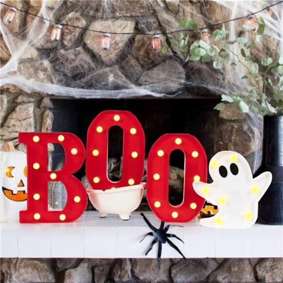 Halloween Decorations Indoor - 4 LED Light Up Letters Boo and Ghost Marquee Sign - Picture 2 of 7